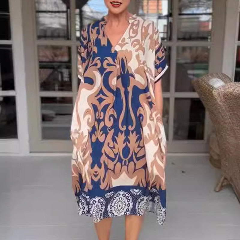 Rilana - V-Neck and Loose Printed Midi Dress