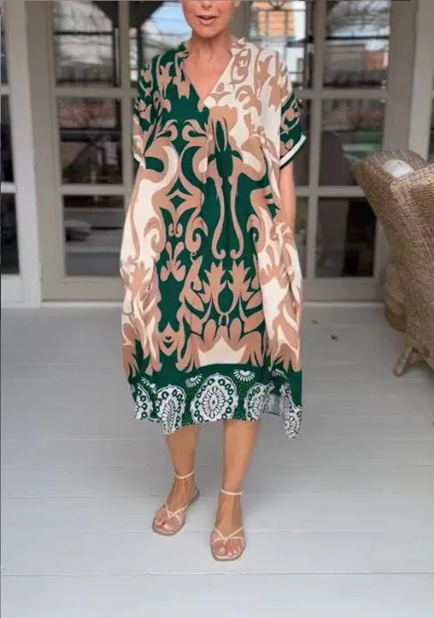 Rilana - V-Neck and Loose Printed Midi Dress