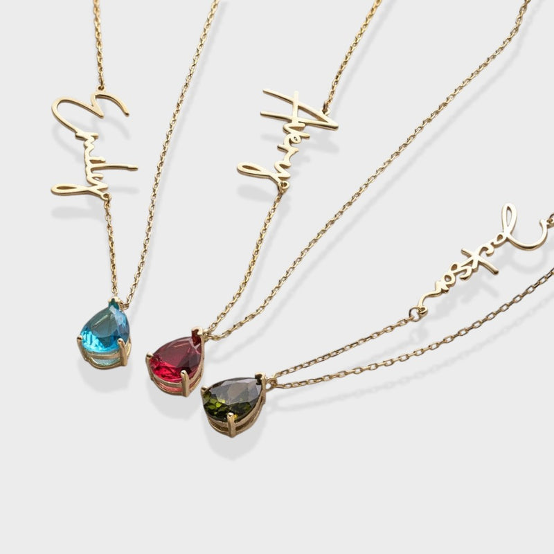 Personalized Teardrop Birthstone Name Necklace