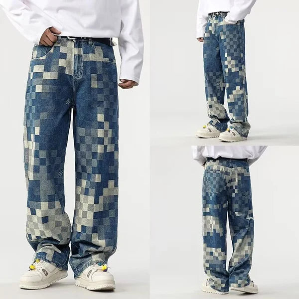 Sampson – Wide Jeans Pants with Pixelated Pattern