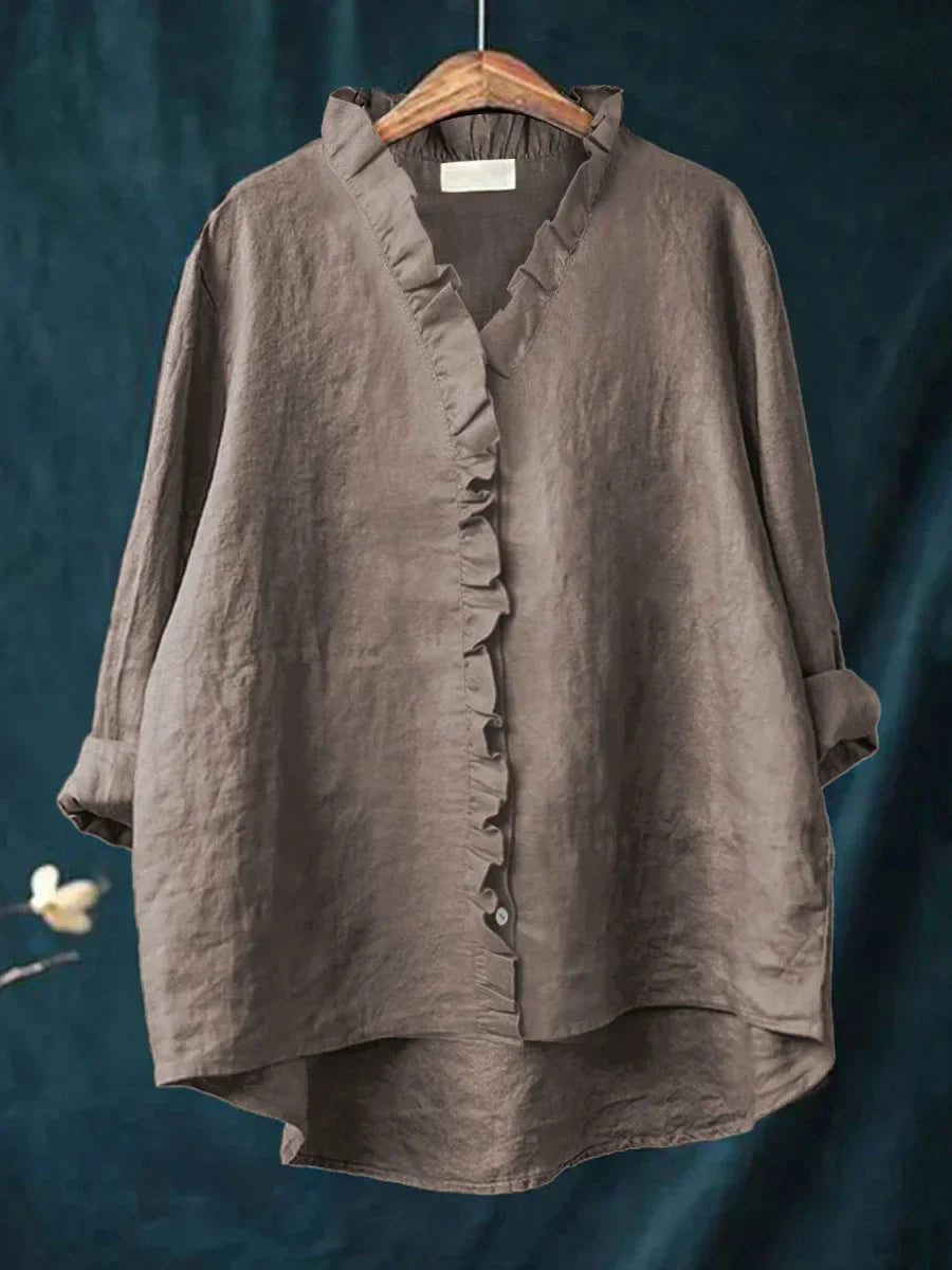 Sanela - Casual Cotton and Linen Ruffle Shirt