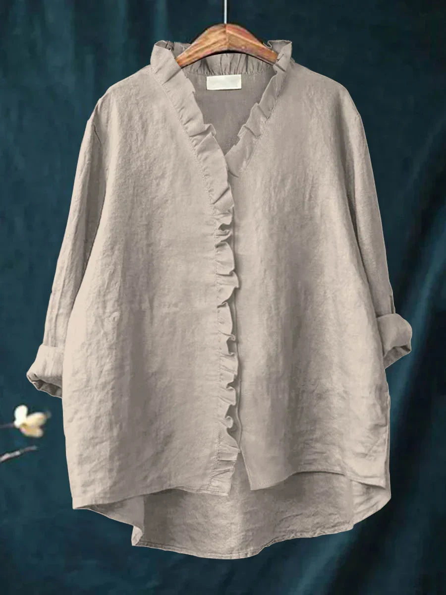 Sanela - Casual Cotton and Linen Ruffle Shirt
