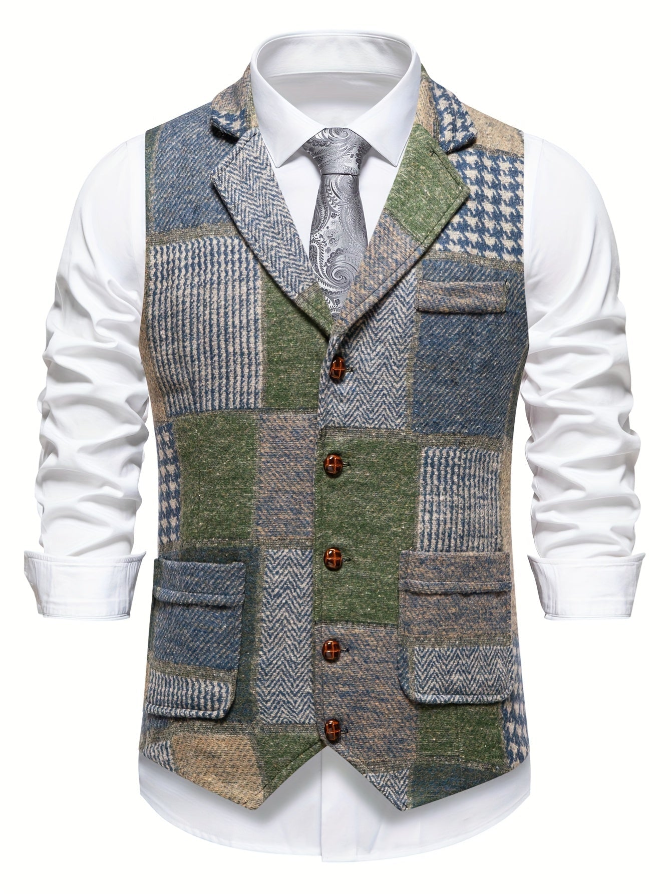 Saverse – Flickwerk Waistcoat Made of Tweed with Herringbone Pattern
