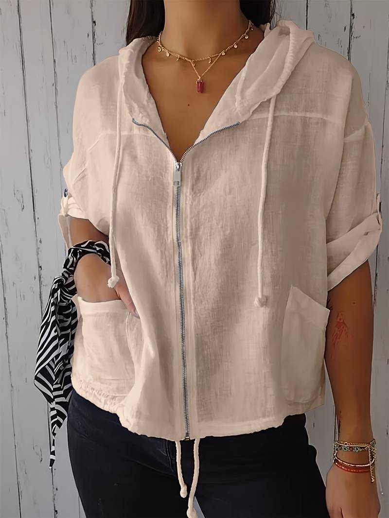 Senushi - Loose-Fitting Zip-Up Hoodie with Short Sleeves