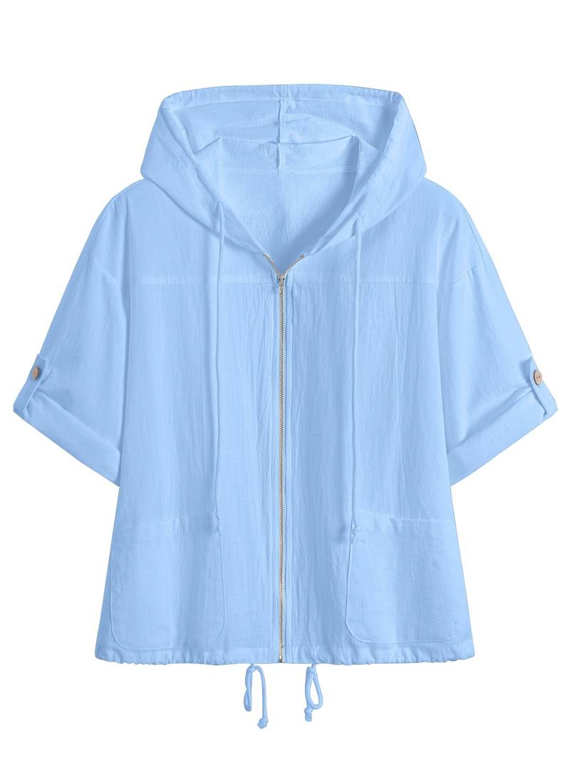 Senushi - Loose-Fitting Zip-Up Hoodie with Short Sleeves