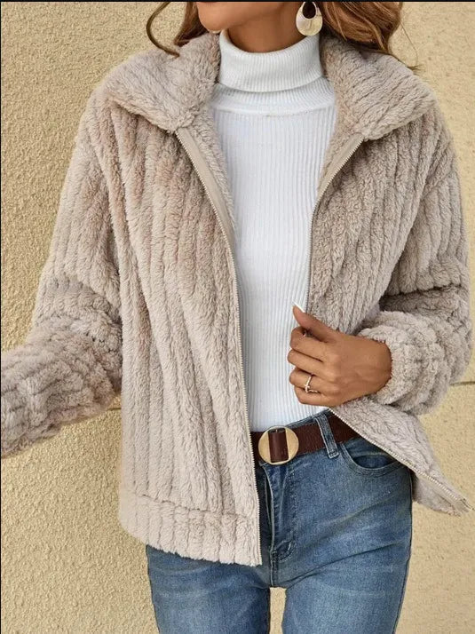 Short Jacket with Lapels and Zipper Winter Coat