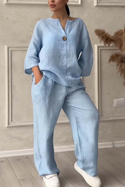 Ensemble deux pièces en coton et lin avec boutons