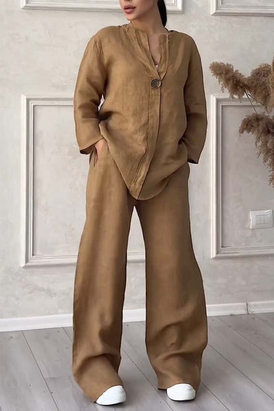 Ensemble deux pièces en coton et lin avec boutons