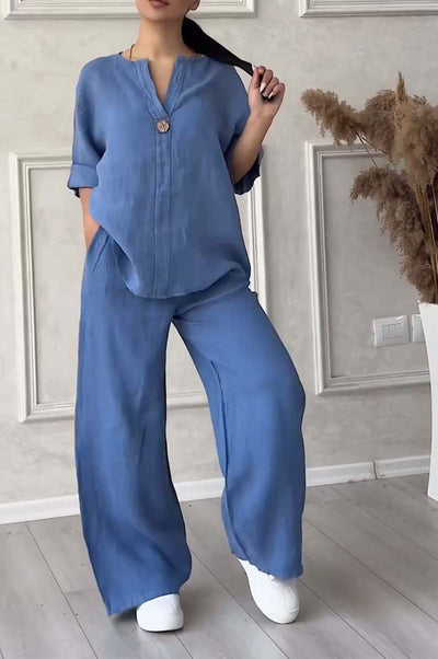 Ensemble deux pièces en coton et lin avec boutons
