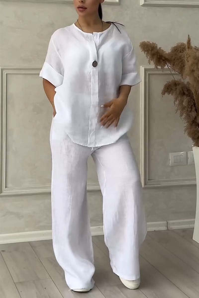 Ensemble deux pièces en coton et lin avec boutons