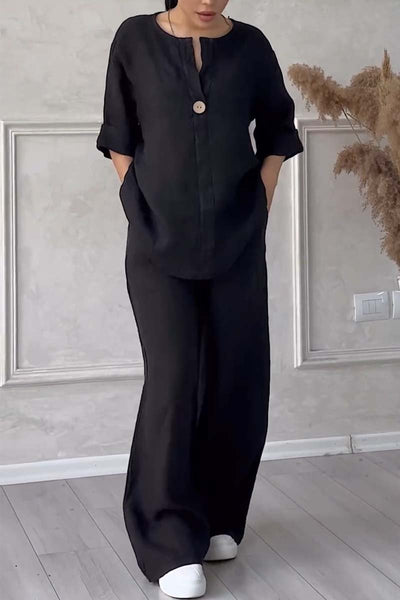 Ensemble deux pièces en coton et lin avec boutons