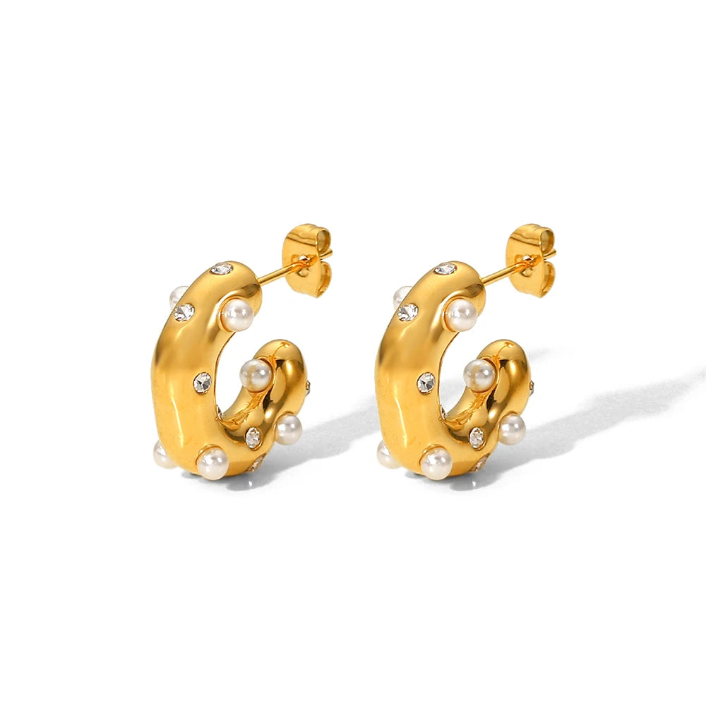Uworld Shaped Hammer Shiny Zircon CC Shape Hoop Earrings For Women 18K Gold Plated Stainless Steel Circle Earrings Jewelry