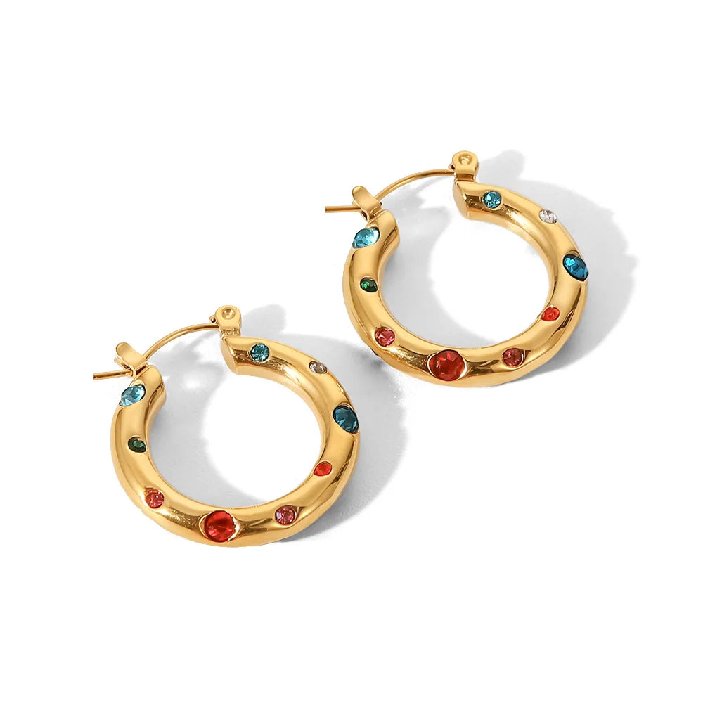 Uworld Shaped Hammer Shiny Zircon CC Shape Hoop Earrings For Women 18K Gold Plated Stainless Steel Circle Earrings Jewelry