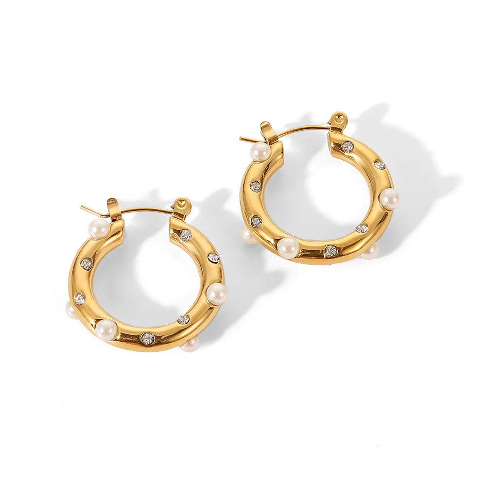 Uworld Shaped Hammer Shiny Zircon CC Shape Hoop Earrings For Women 18K Gold Plated Stainless Steel Circle Earrings Jewelry