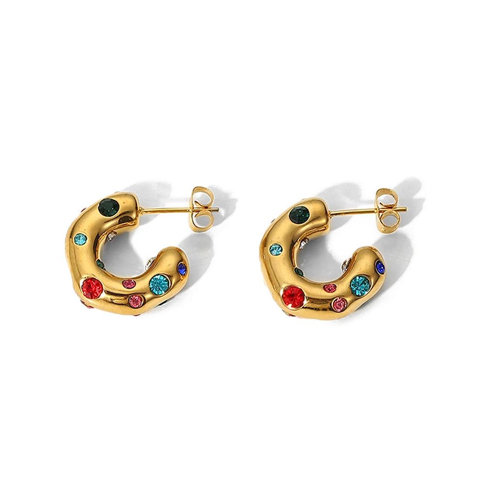 Uworld Shaped Hammer Shiny Zircon CC Shape Hoop Earrings For Women 18K Gold Plated Stainless Steel Circle Earrings Jewelry