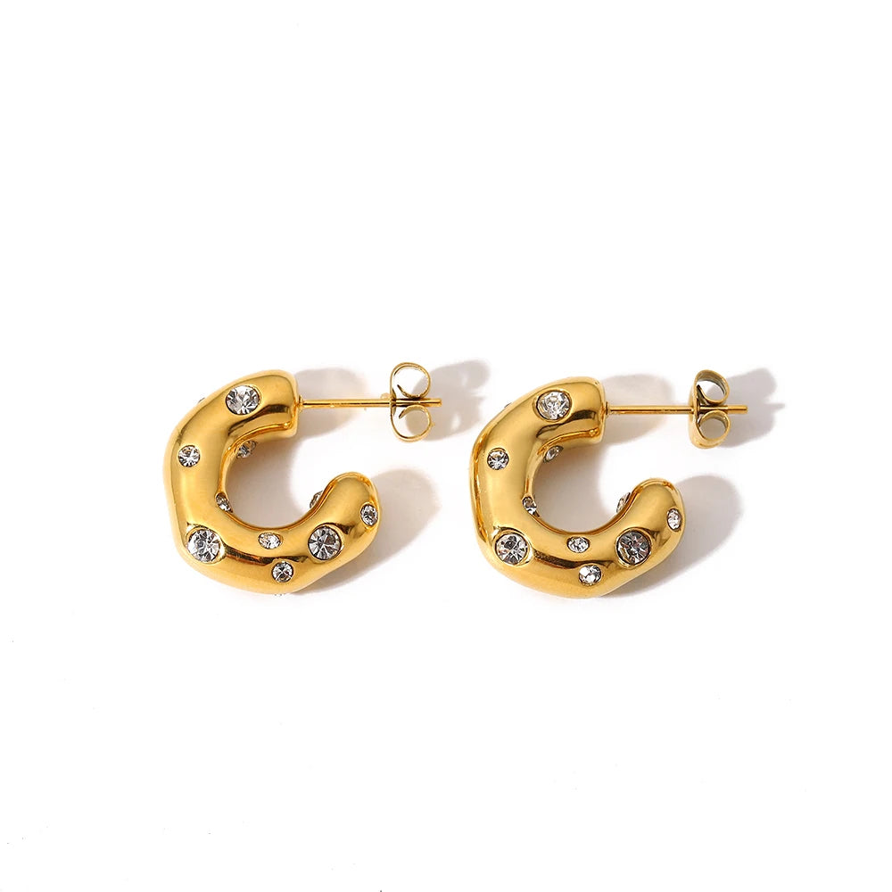 Uworld Shaped Hammer Shiny Zircon CC Shape Hoop Earrings For Women 18K Gold Plated Stainless Steel Circle Earrings Jewelry