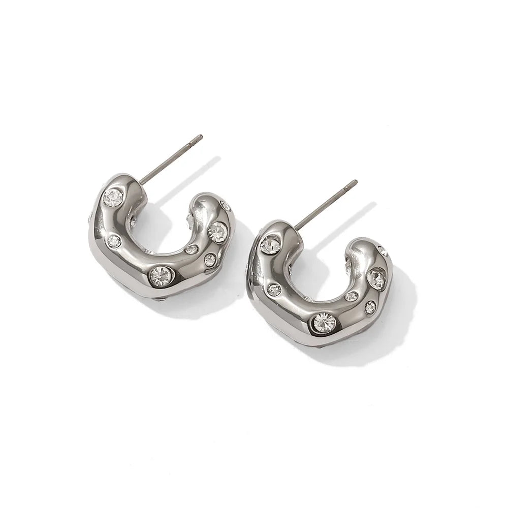 Uworld Shaped Hammer Shiny Zircon CC Shape Hoop Earrings For Women 18K Gold Plated Stainless Steel Circle Earrings Jewelry