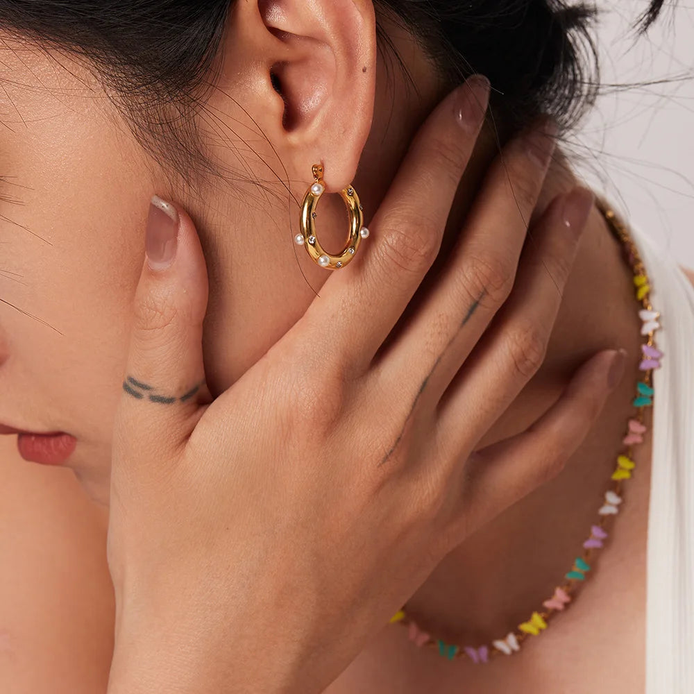 Vintage Colorful Zircon Stone Imitation Pearl Paved Chunky 18k Gold Plated Stainless Steel Medium Size Women Hoop Earrings