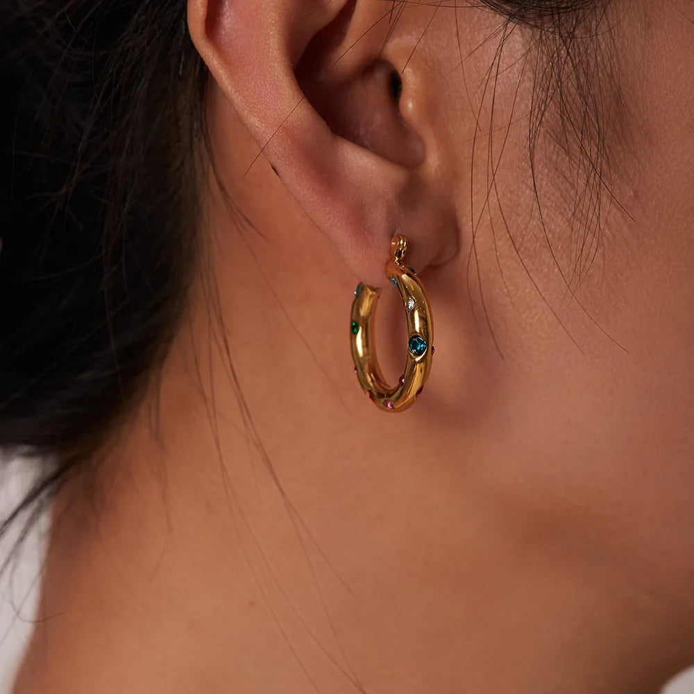 Vintage Colorful Zircon Stone Imitation Pearl Paved Chunky 18k Gold Plated Stainless Steel Medium Size Women Hoop Earrings