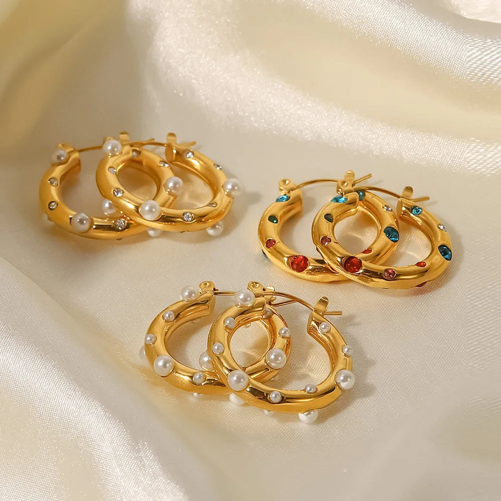 Vintage Colorful Zircon Stone Imitation Pearl Paved Chunky 18k Gold Plated Stainless Steel Medium Size Women Hoop Earrings