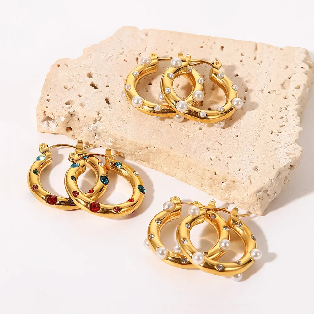 Vintage Colorful Zircon Stone Imitation Pearl Paved Chunky 18k Gold Plated Stainless Steel Medium Size Women Hoop Earrings