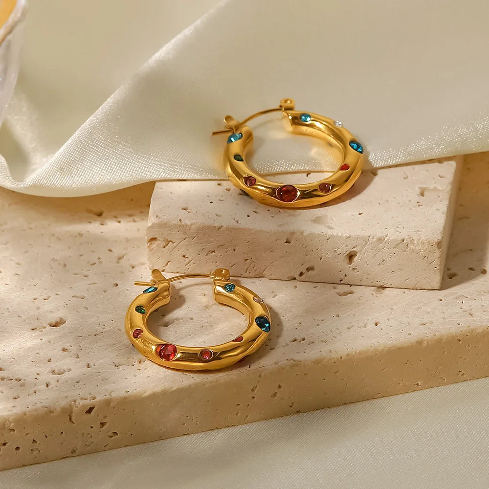 Vintage Colorful Zircon Stone Imitation Pearl Paved Chunky 18k Gold Plated Stainless Steel Medium Size Women Hoop Earrings