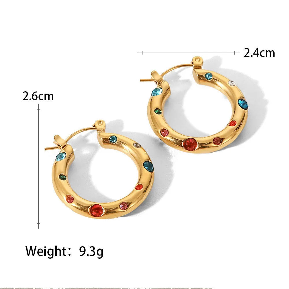 Vintage Colorful Zircon Stone Imitation Pearl Paved Chunky 18k Gold Plated Stainless Steel Medium Size Women Hoop Earrings