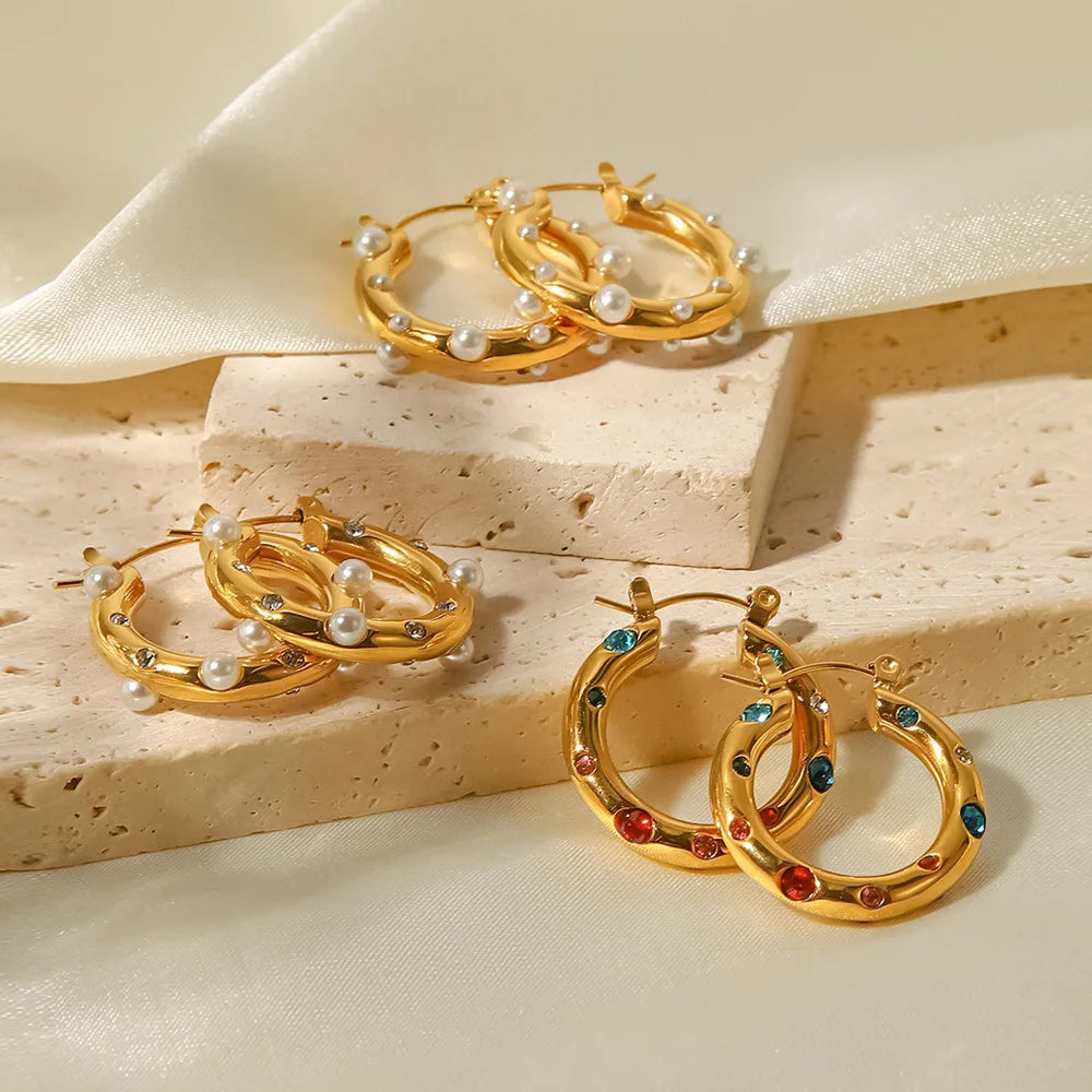 Vintage Colorful Zircon Stone Imitation Pearl Paved Chunky 18k Gold Plated Stainless Steel Medium Size Women Hoop Earrings