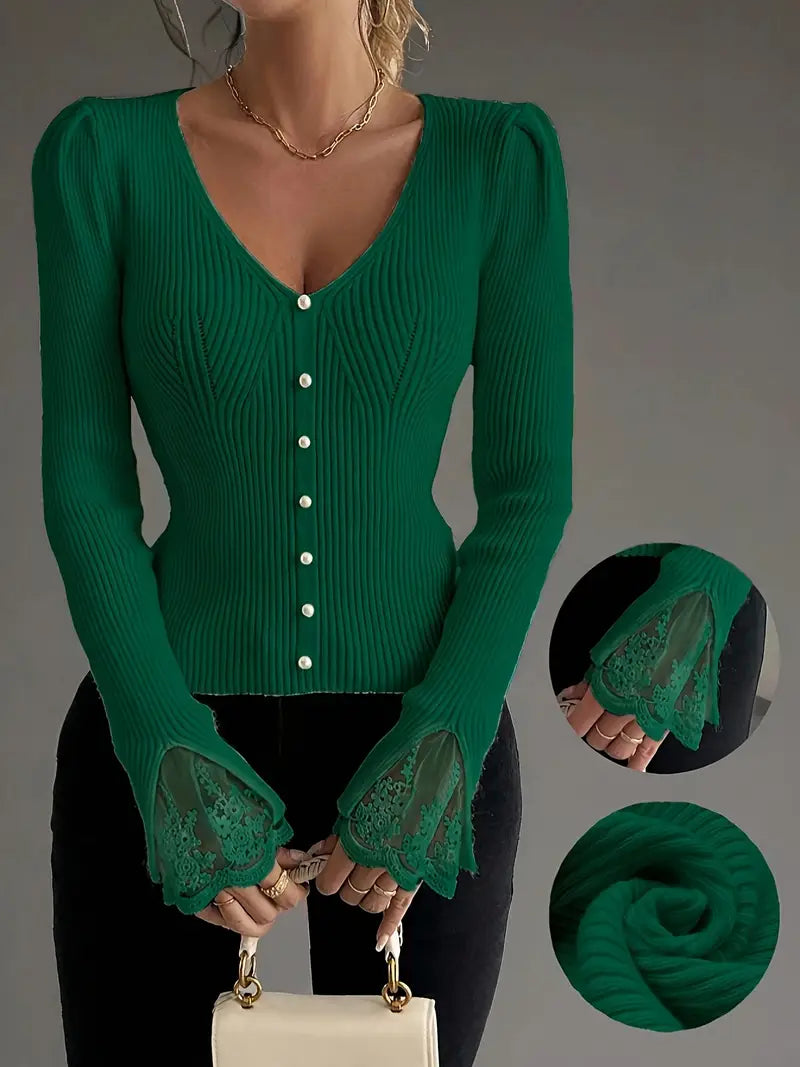 Visenna – Eleganter Pullover mit V-Ausschnitt und Spitzenärmeln