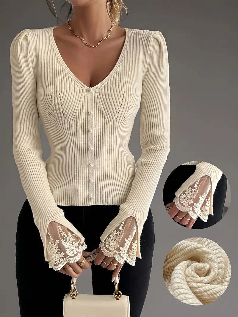 Visenna – Eleganter Pullover mit V-Ausschnitt und Spitzenärmeln