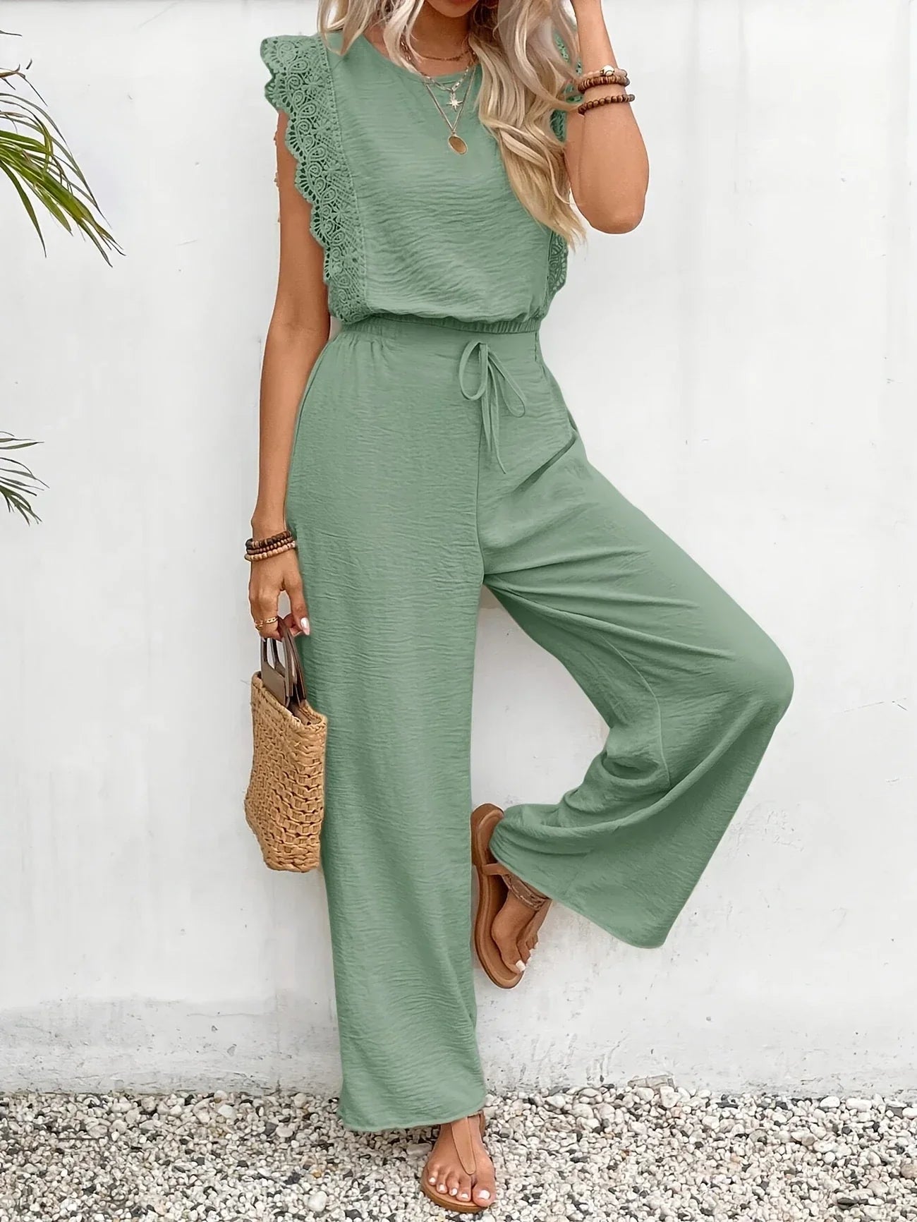 Ziva – Top elegante de encaje y pantalones de pierna ancha